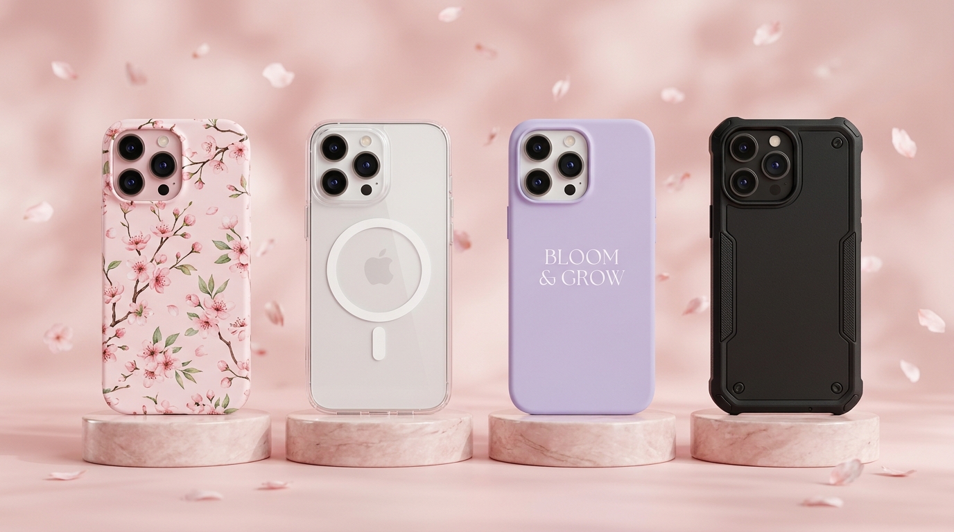 Showcase of premium phone cases: floral, clear magsafe, pastel purple, rugged black