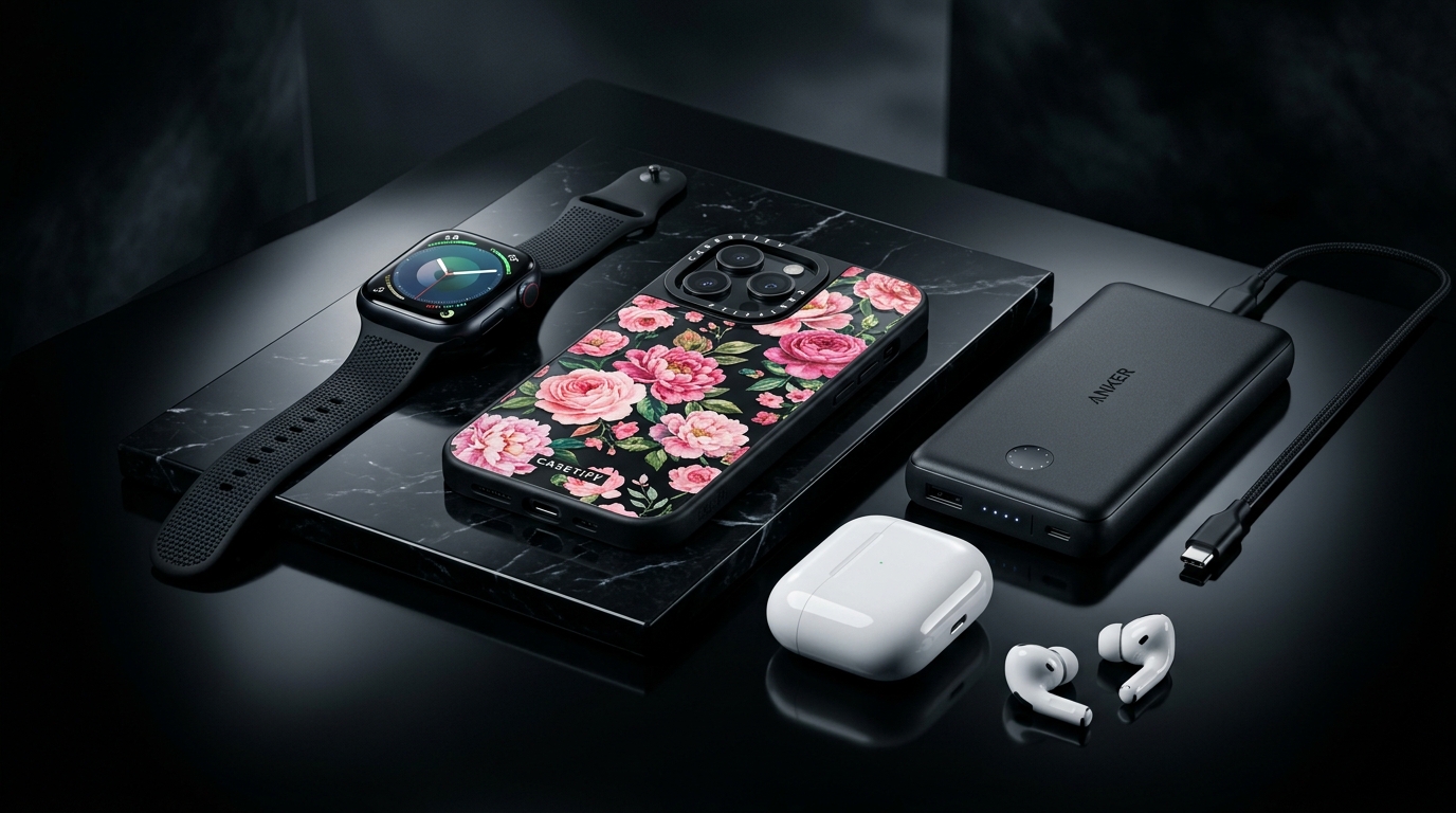 Accessories on sale: smart watch, floral phone case, earbuds, rugged case